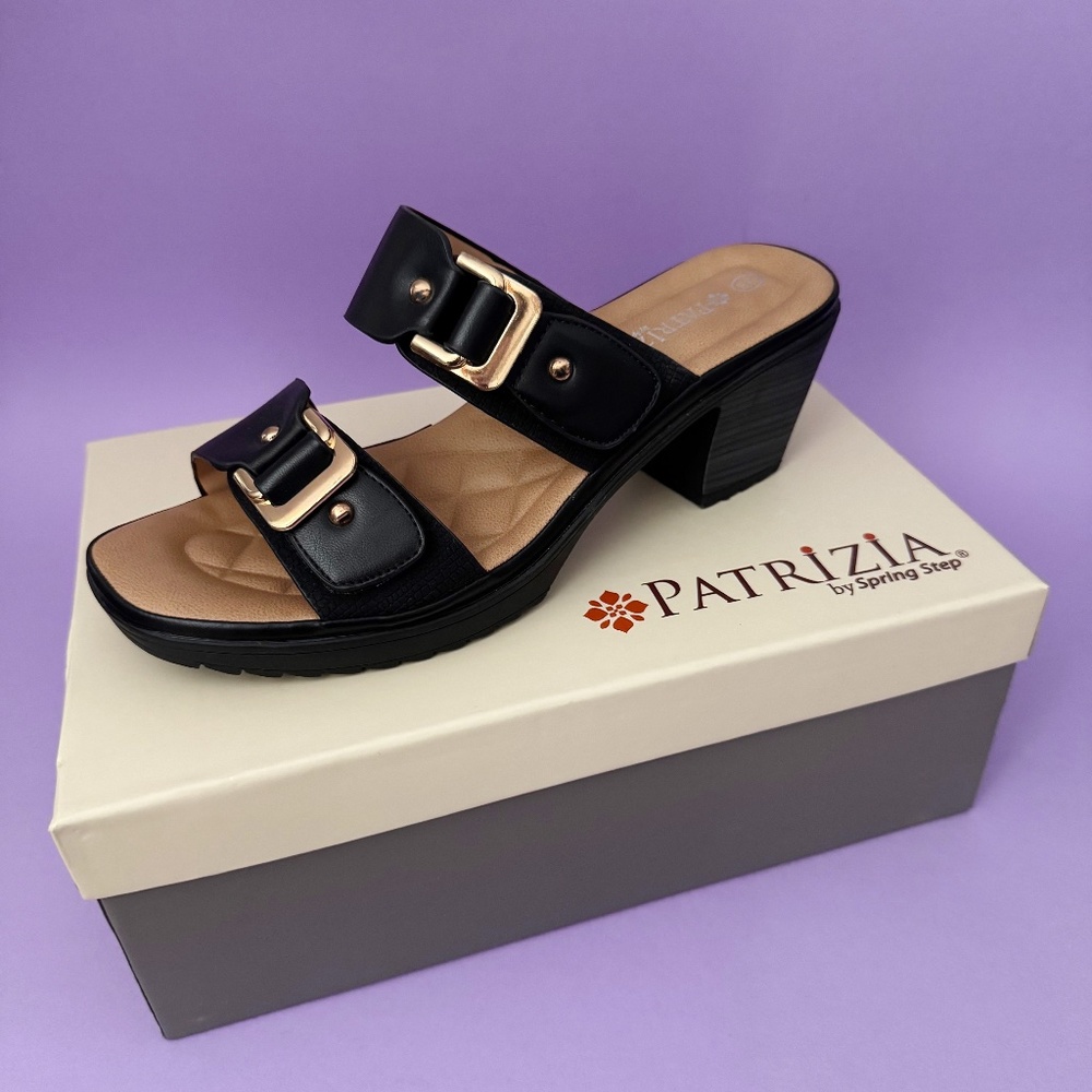 Patrizia Spring Step REMY Slide Black Velcro Block Heel Gold Size 38 (US 7.5-8)